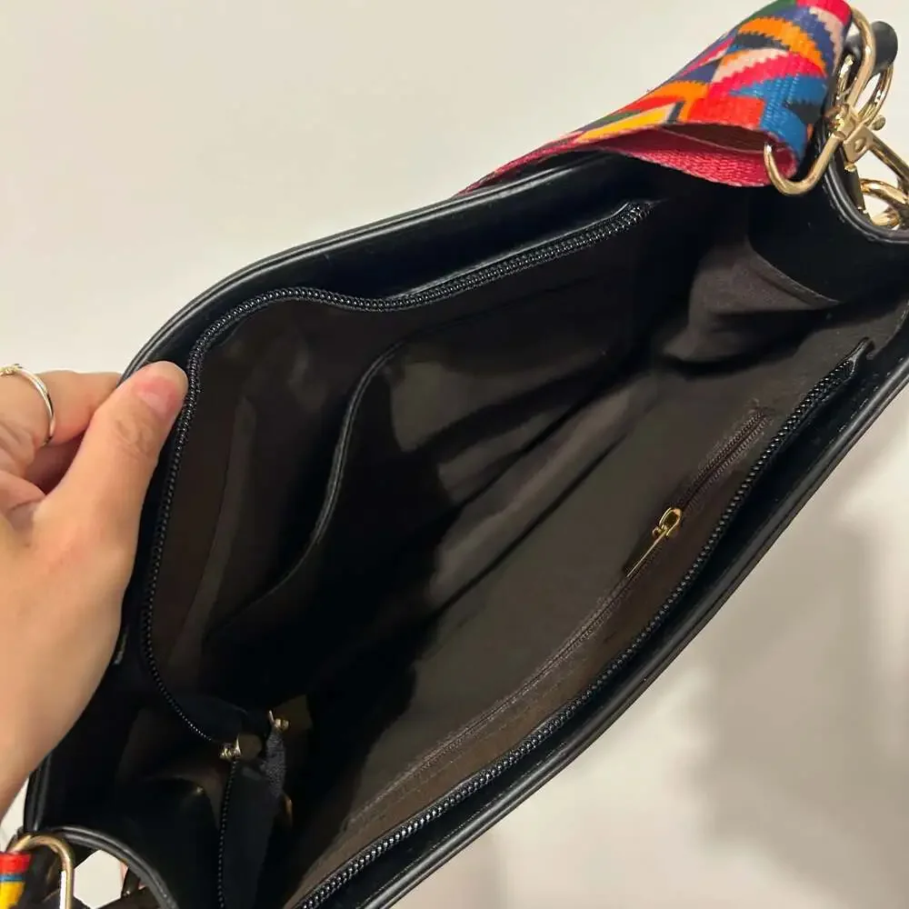 Black Faux Leather Crossbody Bag with Colorful Woven Guitar Strap and Tassel